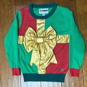 Like New Size XS Tipsy Elves Green and Red Sweater with Gold Bow